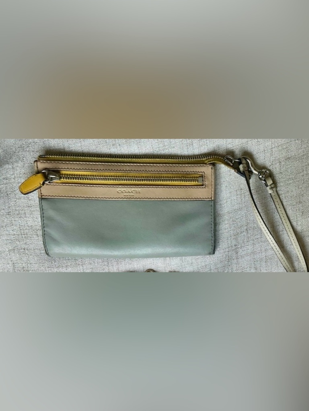 Coach Two-Tone Clutch in Mint Green and Beige with Gold Hardware